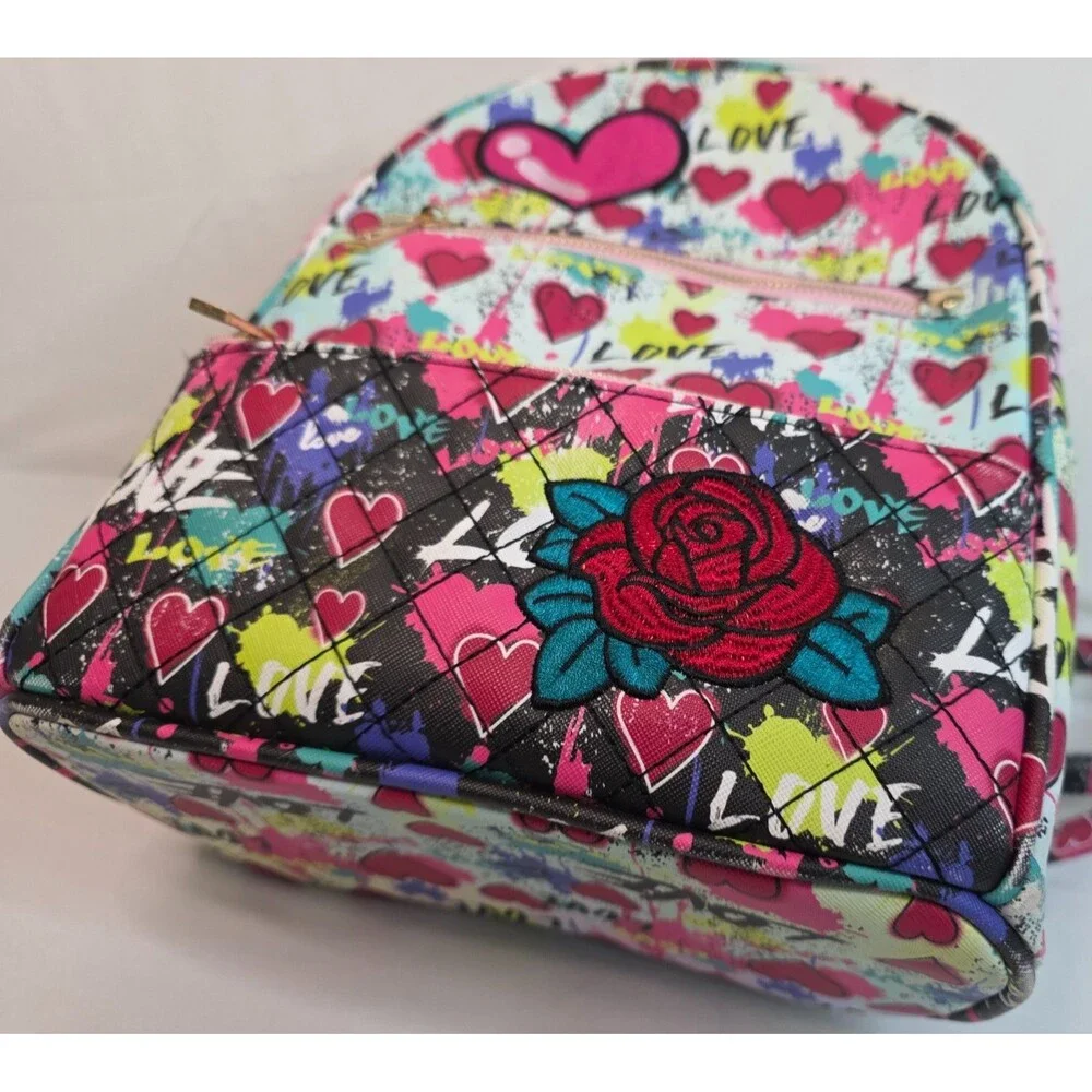 Under One Sky Love Heart Mini Backpack & Matching Zip Pouch Pink Graffiti Bag